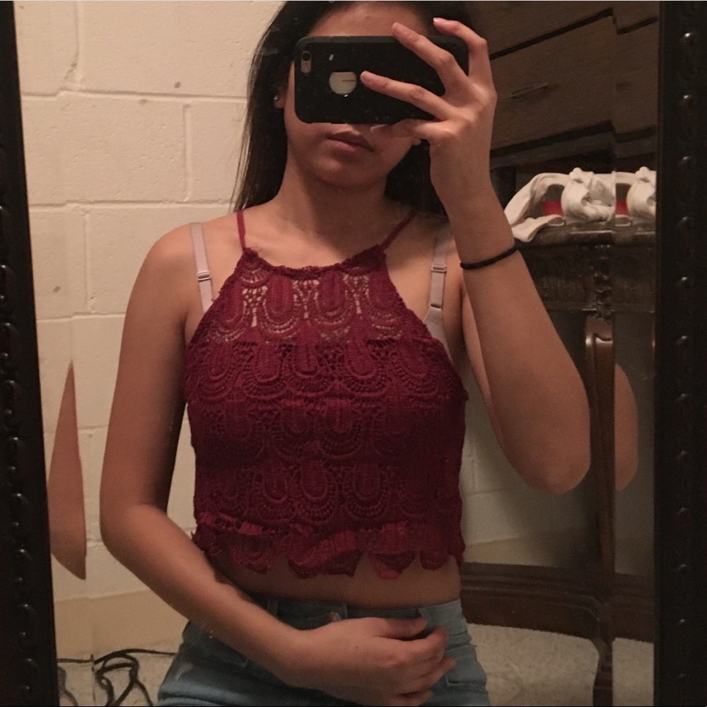 Maroon floral crochet lace halter tank top